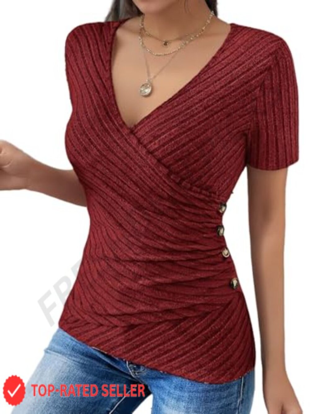 Cross Wrap Ruched Tunic Top Short Sleeve V Neck Business Casual Blouse
